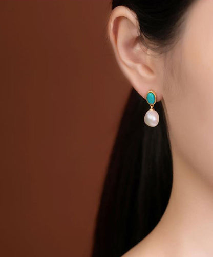 Chic Blue Sterling Silver Overgild Turquoise Pearl Drop Earrings