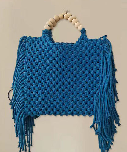 Fashion Blue Tasseled Hollow Out Knit Tote Handbag