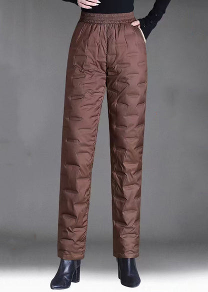 Women Brown Pockets Elastic Waist Duck Down Filled Pants Winter