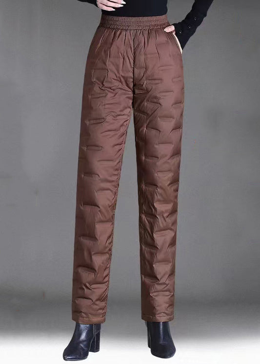 Women Brown Pockets Elastic Waist Duck Down Filled Pants Winter