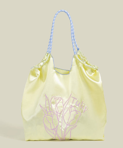 Retro Pink Flower Embroidered Drawstring Satin Shoulder Bags