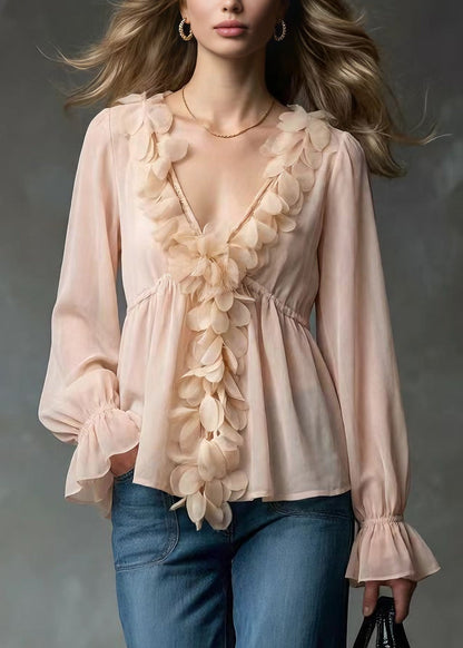Art Pink V Neck Petal Chiffon Shirt Tops Spring