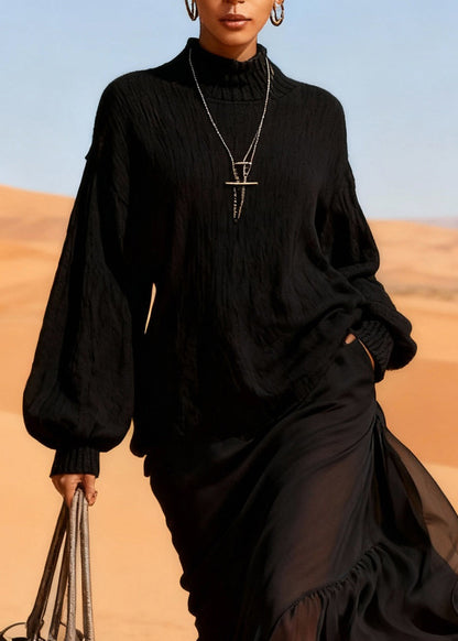 Casual Black Cotton Knit Patchwork Chiffon Maxi Dresses Lantern Sleeve