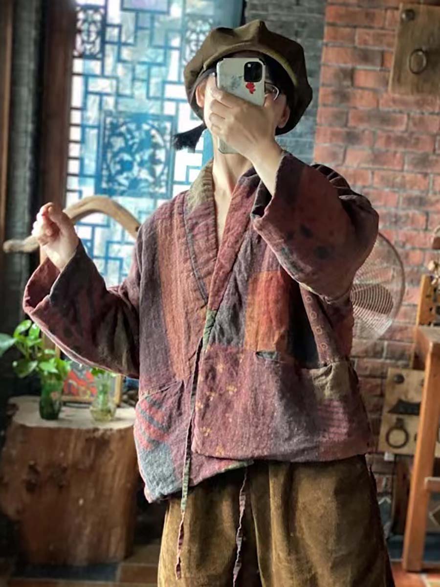 Women Winter Print Drawstring Linen Cotton Coat