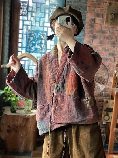 Women Winter Print Drawstring Linen Cotton Coat