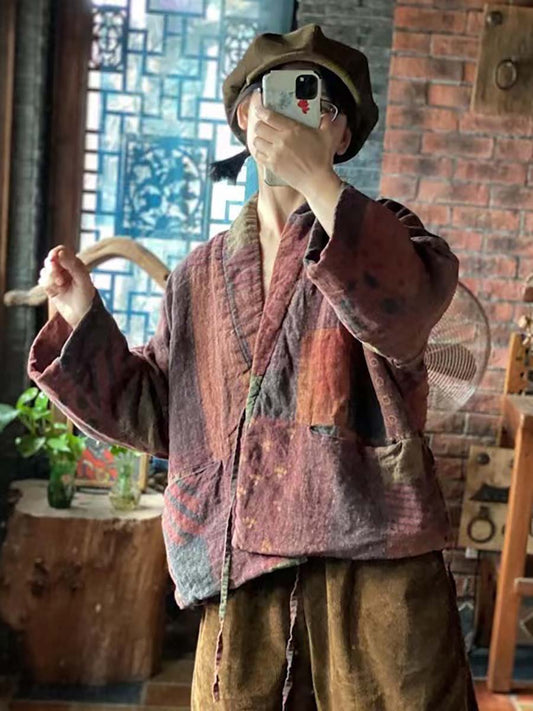 Women Winter Print Drawstring Linen Cotton Coat
