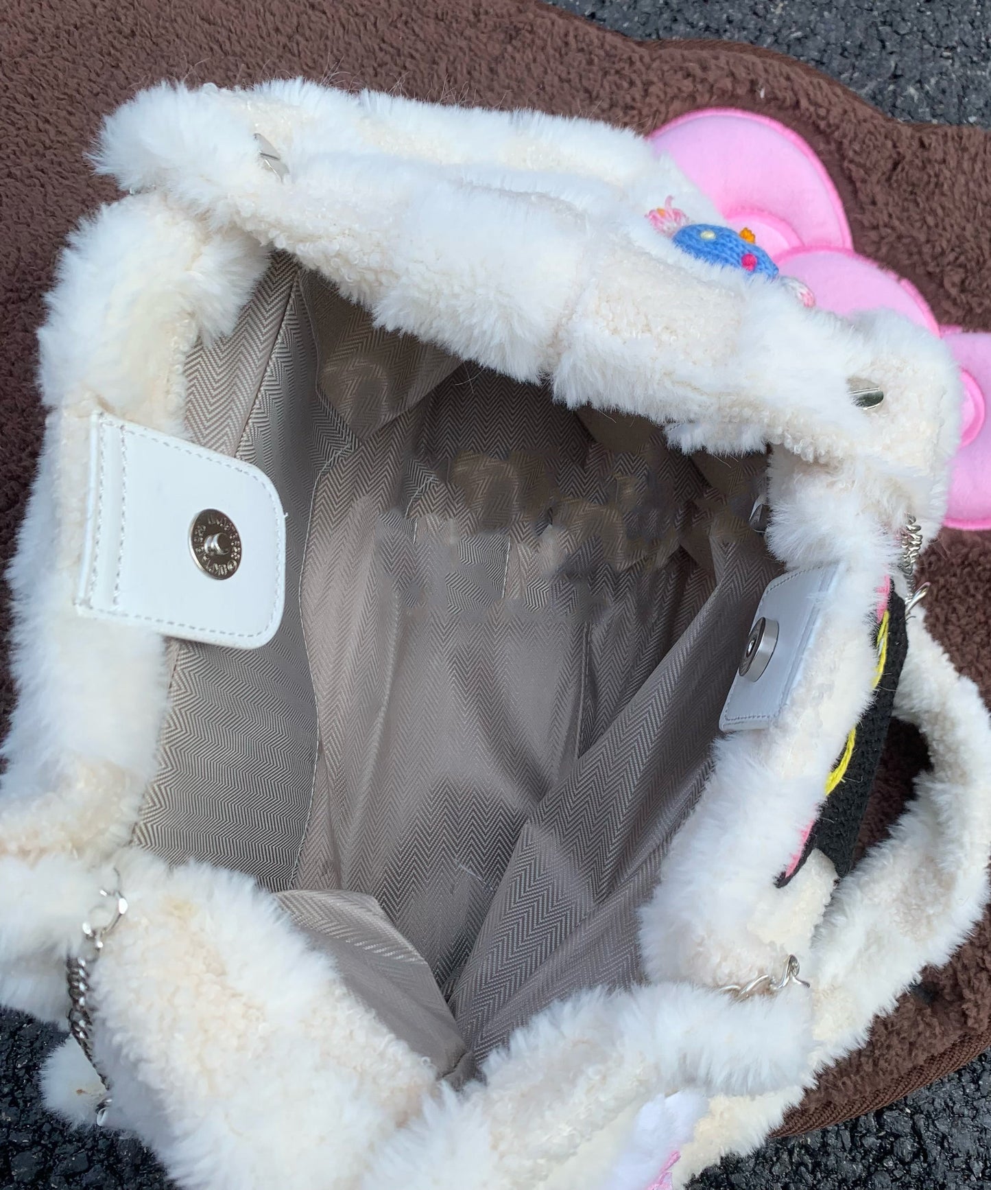 Cute White Cat Embroideried Fuzzy Fur Fluffy Girls Flap Bag