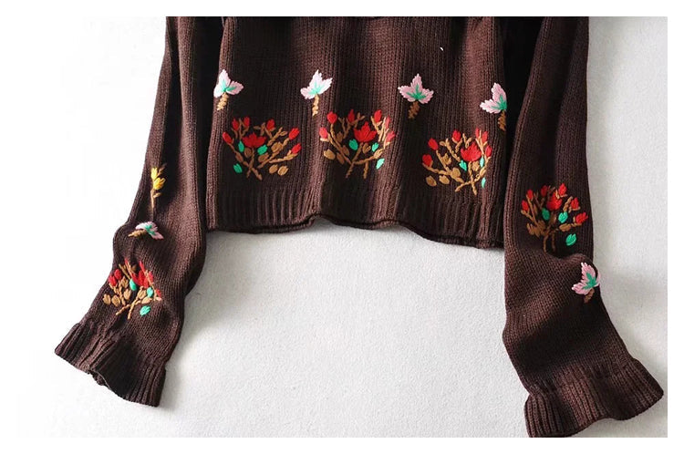 High waist floral embroidery layered decorative loose knit
