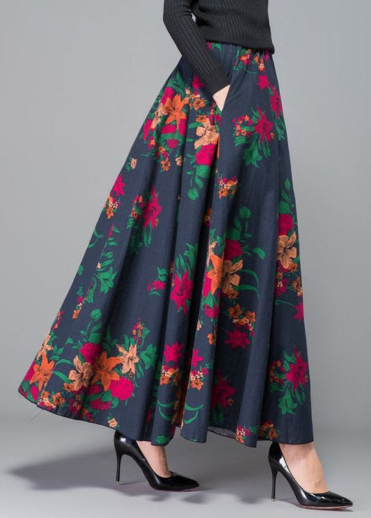 New Navy Print Pockets Patchwork Cotton Skirts Fall