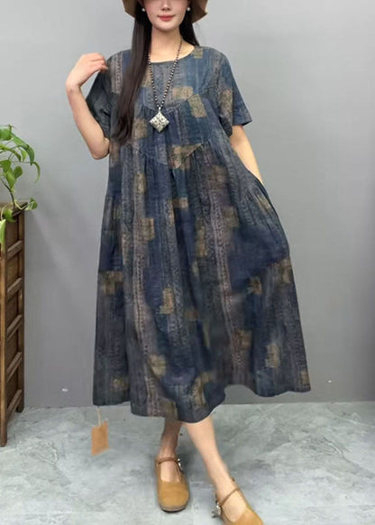 Vintage Navy Oversized Print Cotton Dress Summer