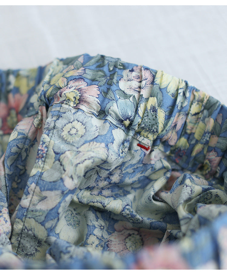 Literary Pleated Elastic Waist Floral A-Line Skirt
