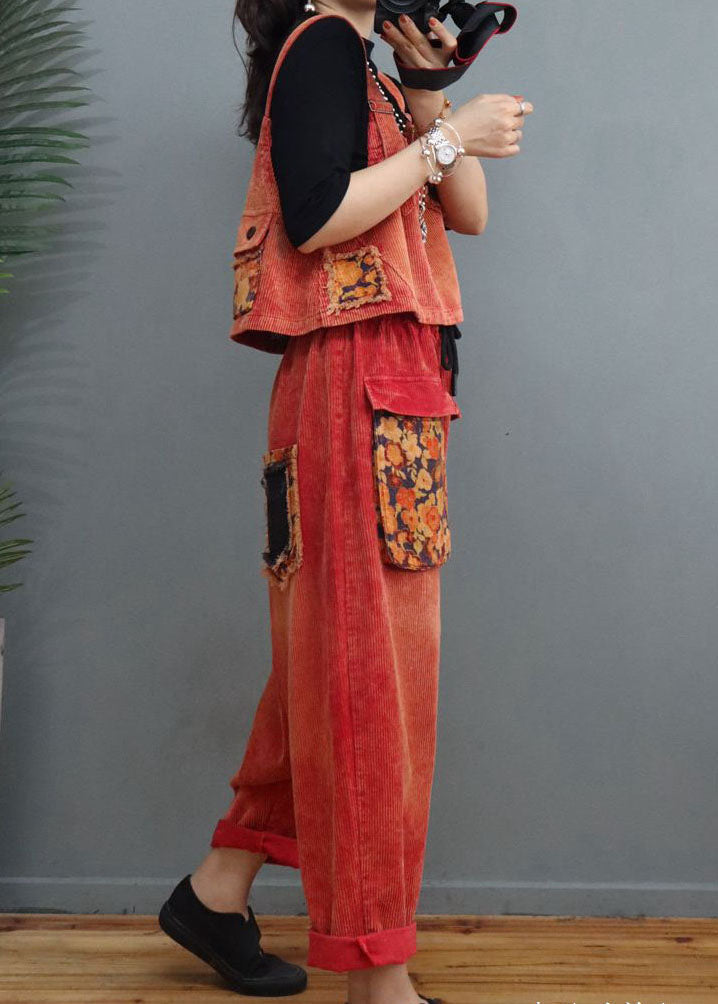 Fine Red Cinched Print Corduroy Two Pieces Set