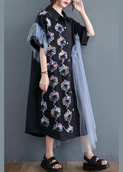 Casual Black Patchwork Tulle Peter Pan Collar Summer Button Dresses Half Sleeve