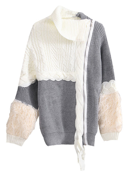 Beautiful Grey Zip Up Patchwork Knit Pullover