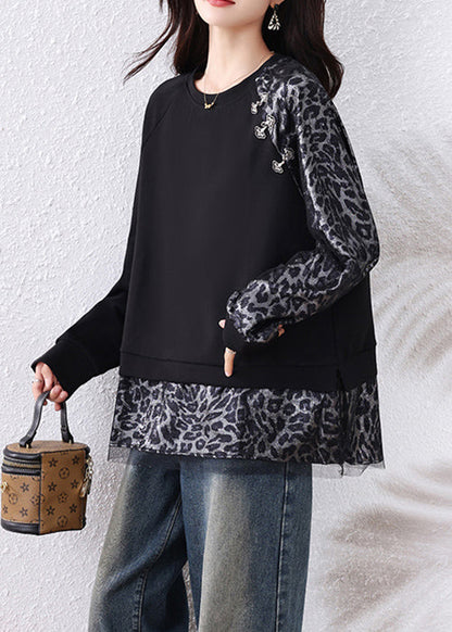 Chic Black Leopard Tulle Patchwork Cotton T Shirts Fall