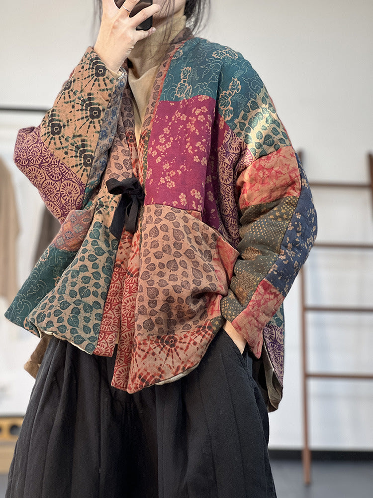 Literary Print Lace-Up Padded Jacket