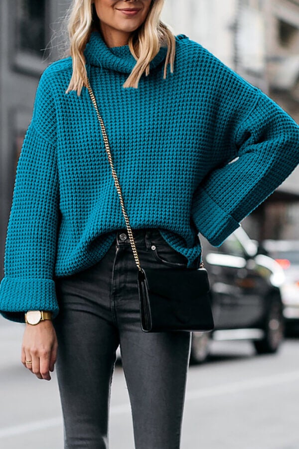 Casual Solid Color High Neck Loose Knit Sweater