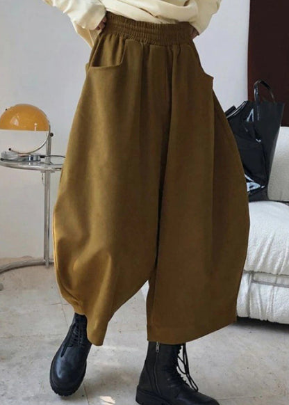 Casual Caramel Elastic Waist Pockets Harem Pants Spring