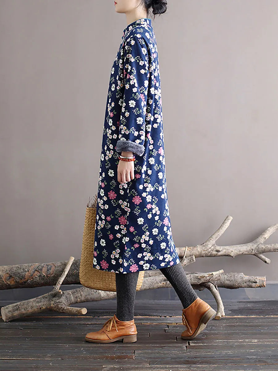 Women Winter Chinese Style Floral Print Frog Thick Dress