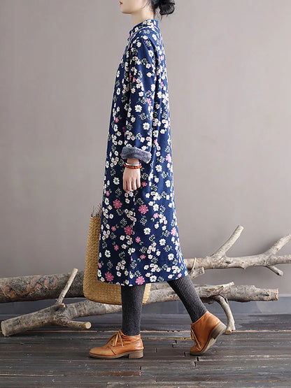 Women Winter Chinese Style Floral Print Frog Thick Dress