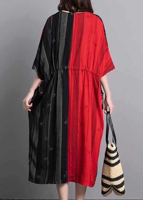 Classy v neck pockets linen outfit Sewing black red patchwork Dresses summer