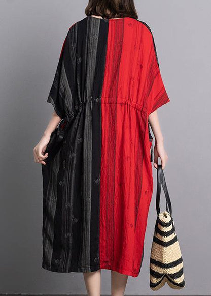 Classy v neck pockets linen outfit Sewing black red patchwork Dresses summer