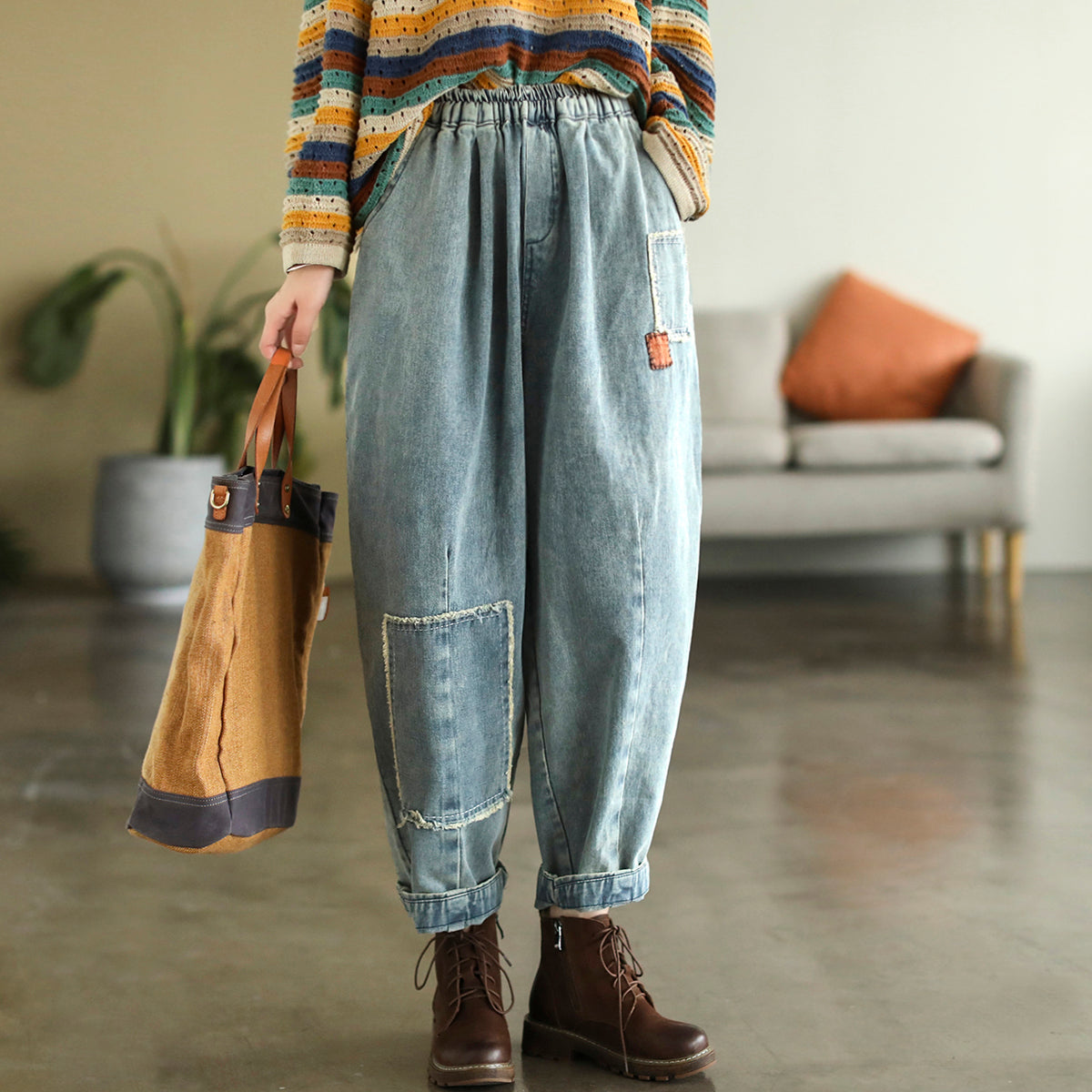 Women Retro Patchwork Embroidery Cotton Harem Jeans