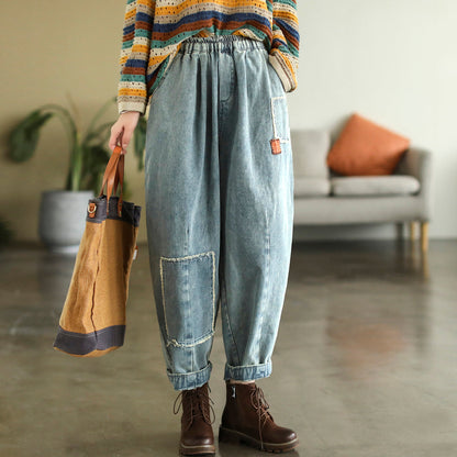 Women Retro Patchwork Embroidery Cotton Harem Jeans
