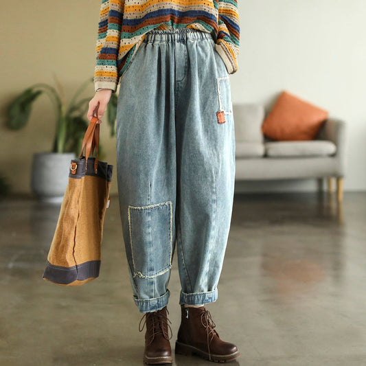 Women Retro Patchwork Embroidery Cotton Harem Jeans