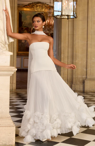 White Strapless Lace-Up Corset Pleated 3D Floral Hem Evening Gown