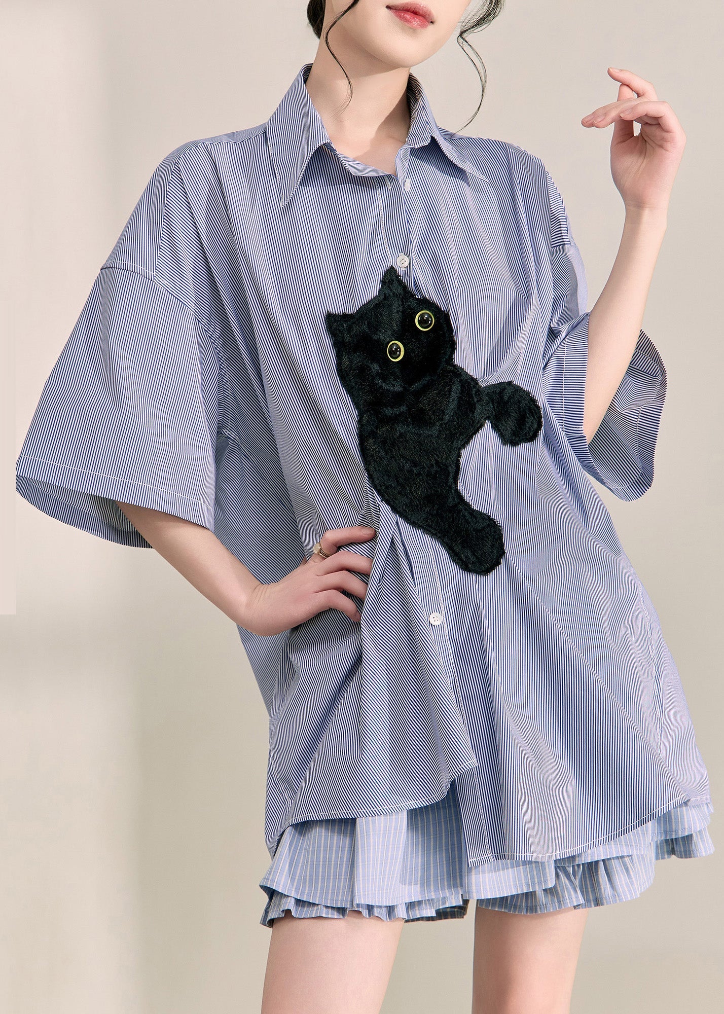 Casual Blue Peter Pan Collar Little Cats Striped Shirts Summer