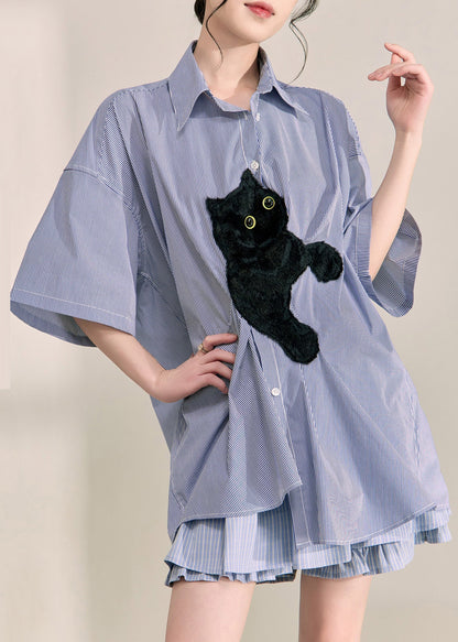 Casual Blue Peter Pan Collar Little Cats Striped Shirts Summer
