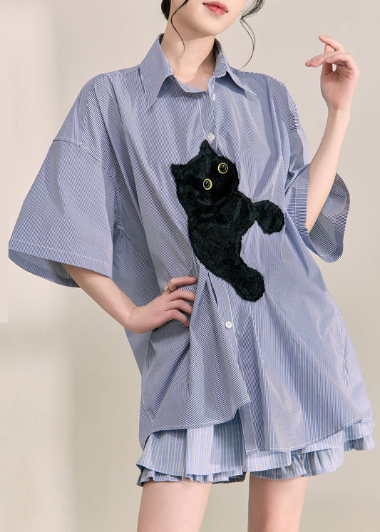 Casual Blue Peter Pan Collar Little Cats Striped Shirts Summer