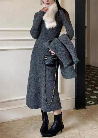Grey Cozy Knit Three Piece Set Fur Collar Batwing Sleeve