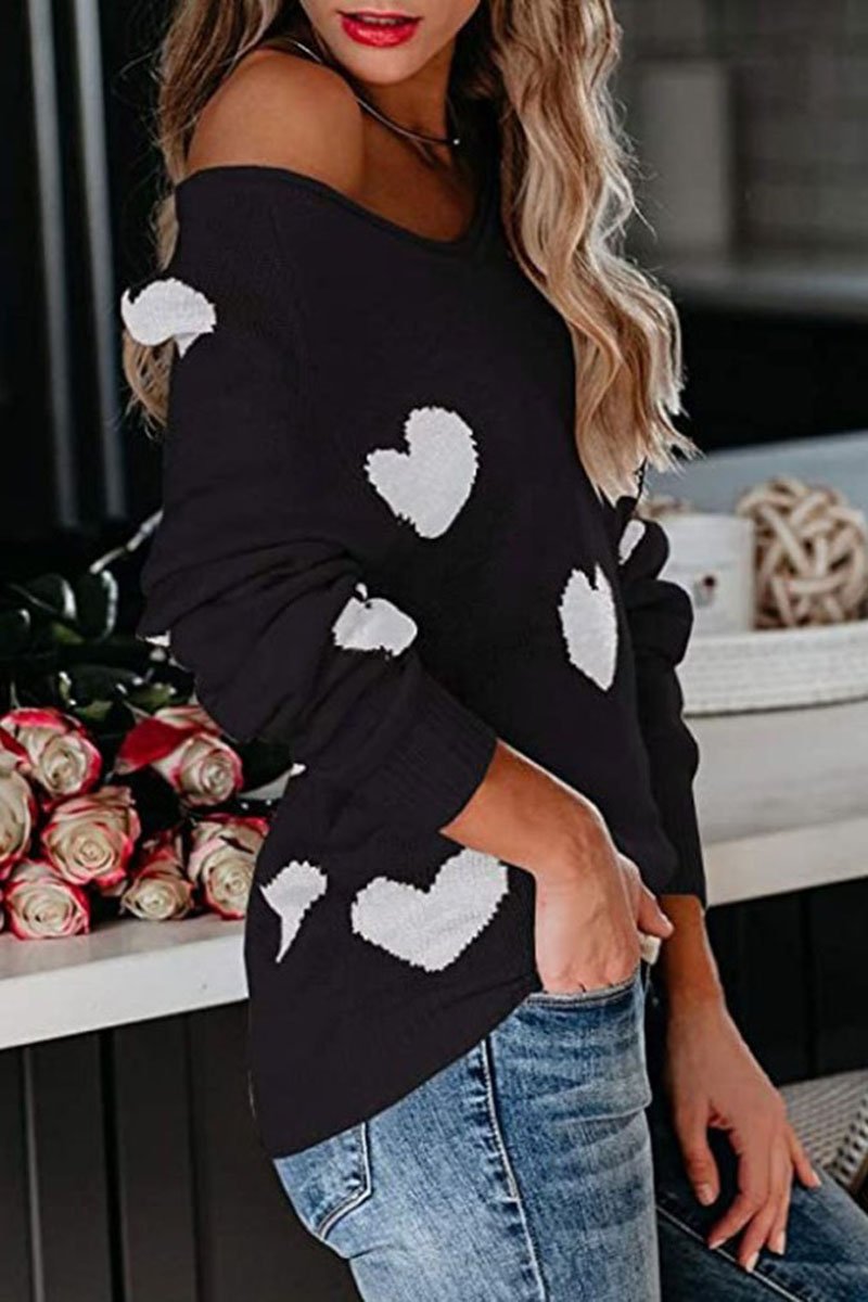 Heart Print V-Neck Knitted Sweater