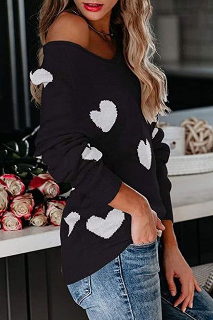 Heart Print V-Neck Knitted Sweater