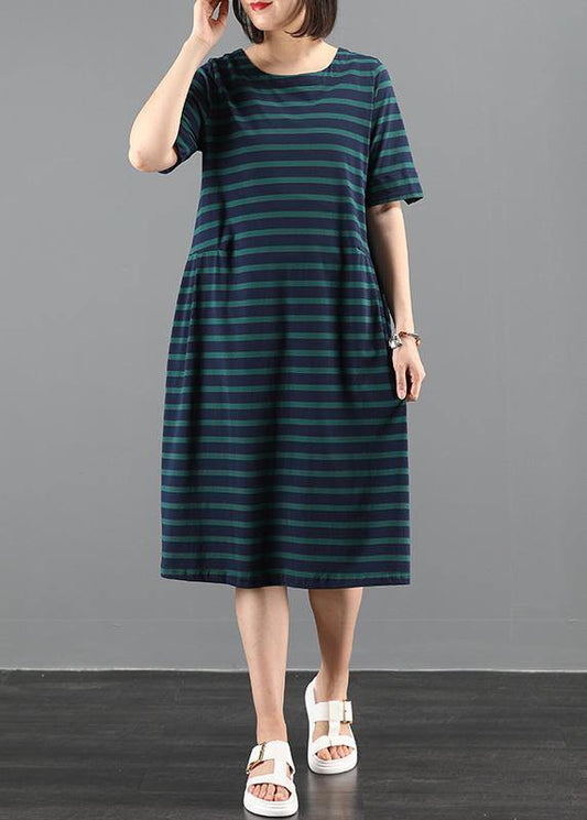 Italian green striped outfit o neck Cinched A Line summer Dresses