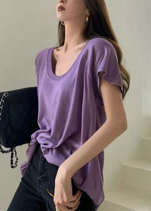 Loose Purple U Neck Solid Cotton T Shirts Summer