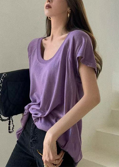 Loose Purple U Neck Solid Cotton T Shirts Summer