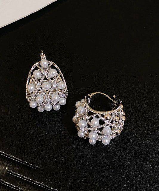 Fine Silk Copper Alloy Pearl Hollow Out Hoop Earrings