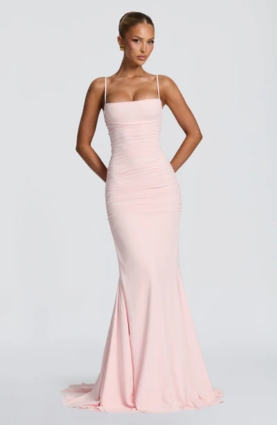 Spaghetti Strap Ruched Lace-Up Back Mermaid Gown