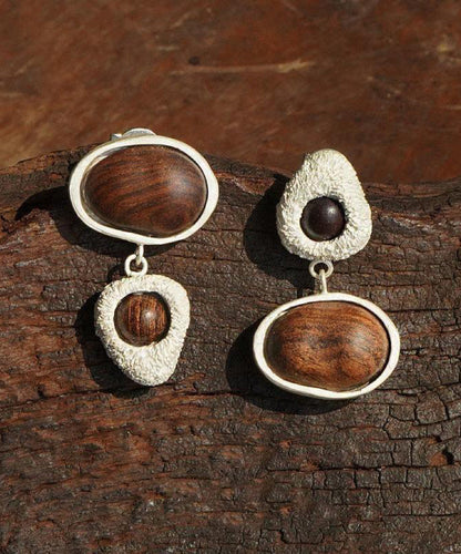 Handmade Brown Sanding Sandalwood Asymmetrical Drop Earrings