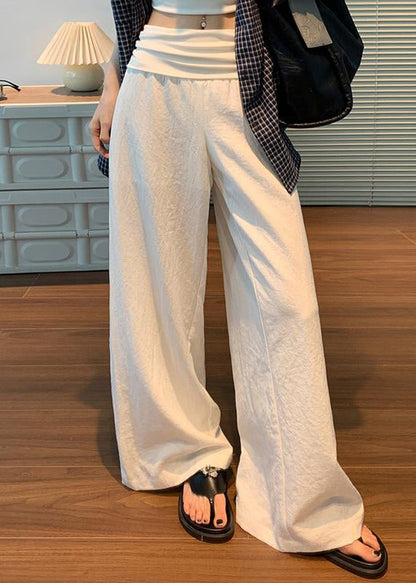 Women White Solid Elastic Waist Linen Pants Fall