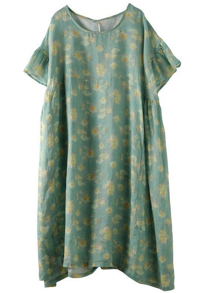 Beautiful green print linen clothes o neck loose summer Dresses