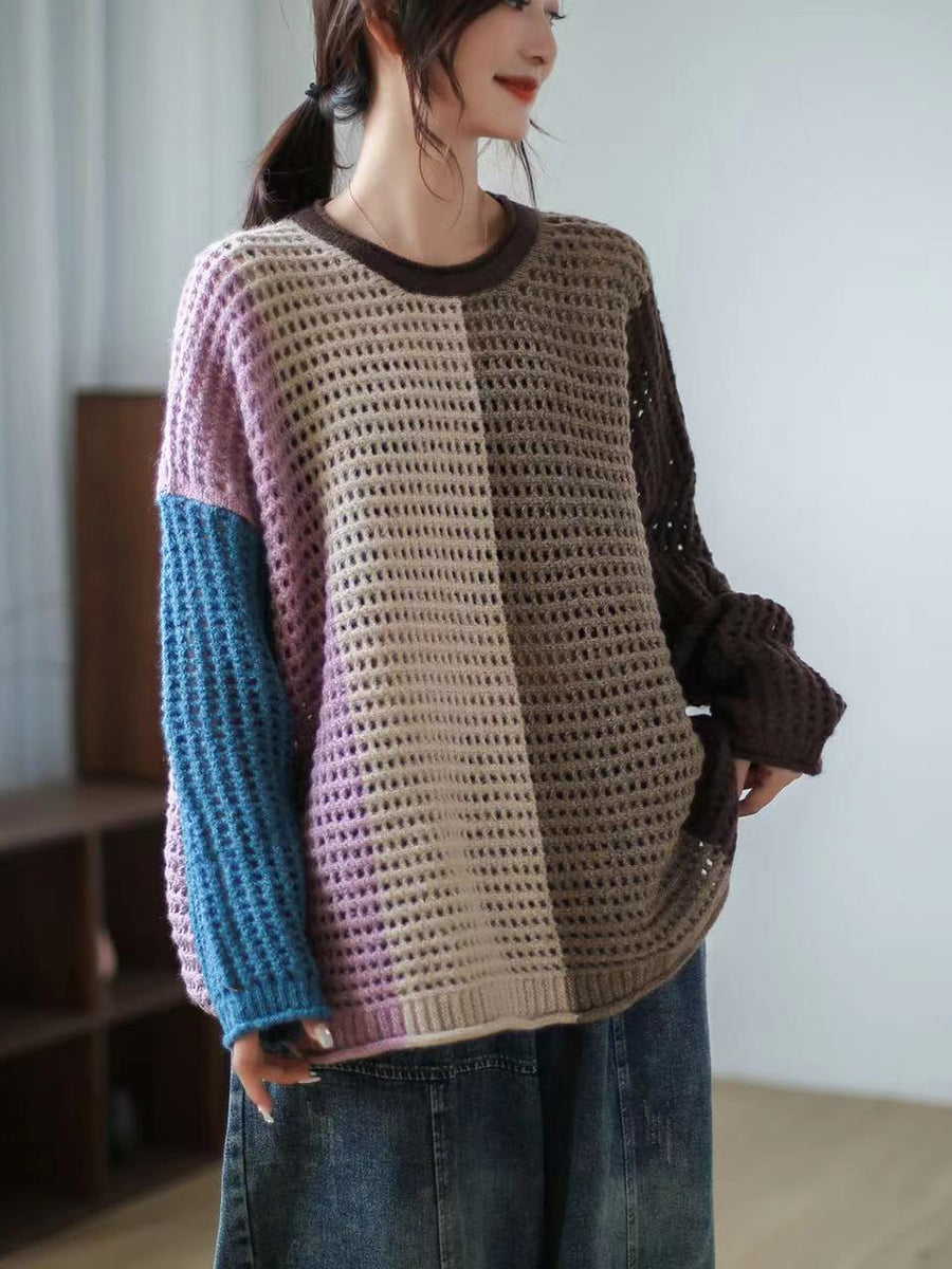 Women Plaid Hollow Out Long Sleeve Pullover Sweater