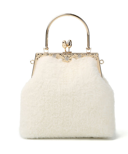 Women White Fuzzy Fur Fluffy Zircon Tote Handbag
