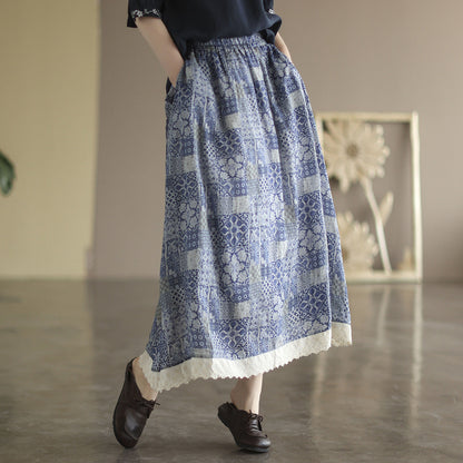 Retro Linen Print Cozy Loose Plus Size A-Line Trimmed Skirt