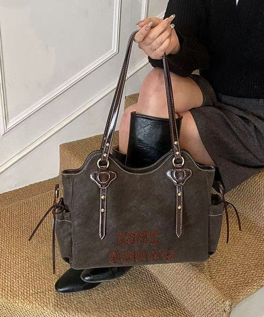 Handmade Brown Letter Embroidered Faux Leather Shoulder Bags