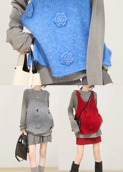 Fitted Red Floral Decorated Knit Vests Winter