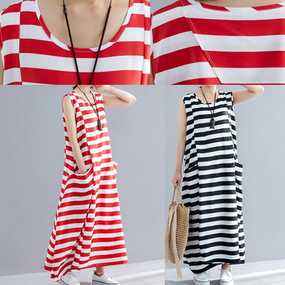 Loose sleeveless o neck black striped cotton robes Dress summer